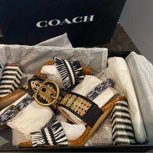 Brand NWT Coach Robin Sandal size 6 Black white tan 3 & 1/2 inch block heel